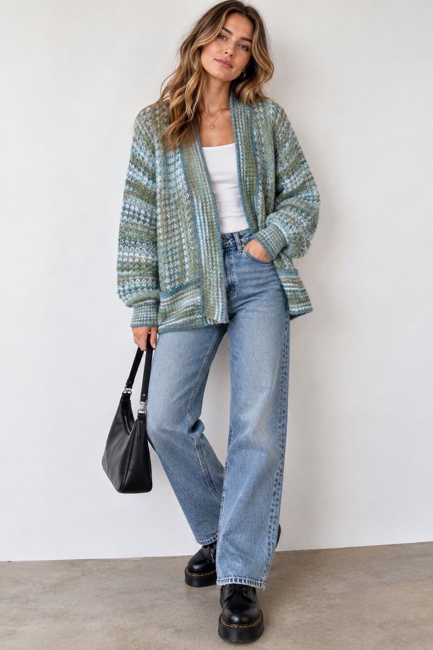 CATO Textured Knit Cardigan Open Front Boho Blue Green Cream Sweater Size L